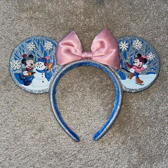 Disney Accessories - Disney Blue Glitter Winter Mickey & Minnie Ear Headband with Pink Bow